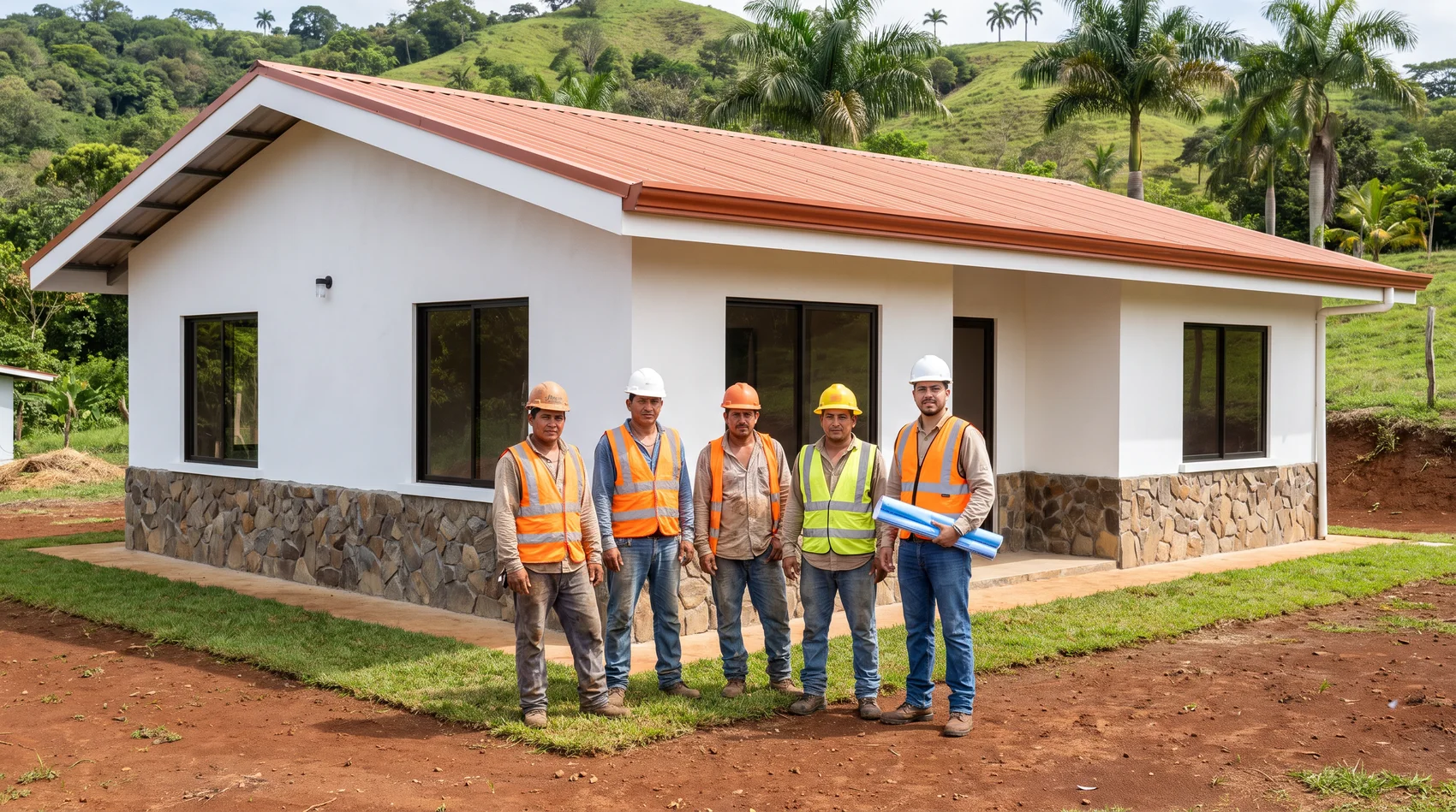Equipo de Tecnoconstrucciones frente a una vivienda terminada