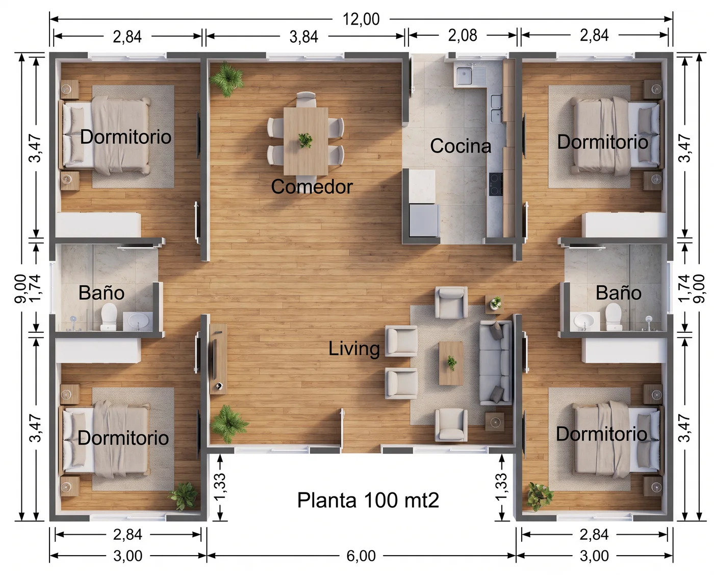 Distribución — Casa de 100m 4 cuartos