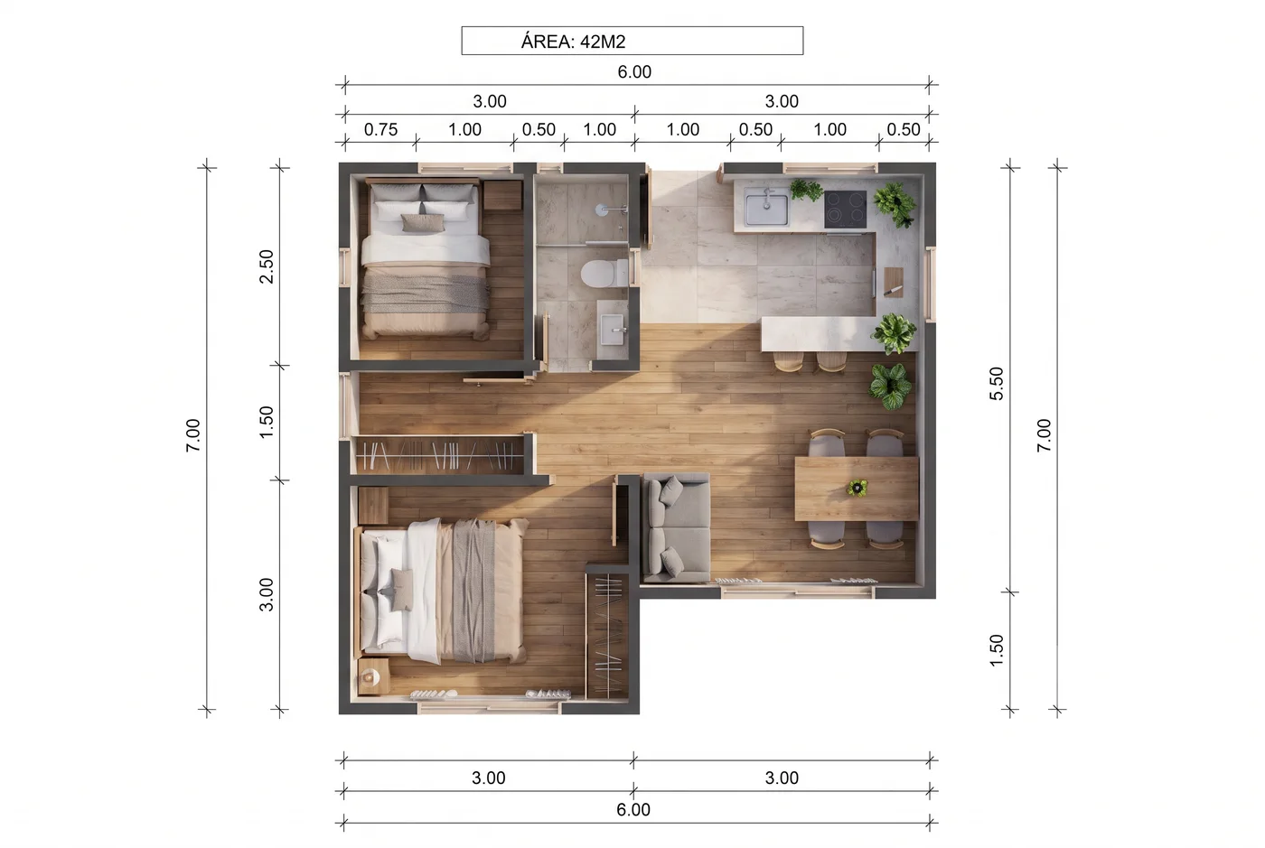 Distribución — Casa de 42 en prefablock