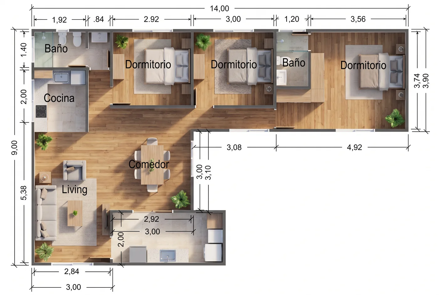 Distribución — Plano de casa de 64m en L